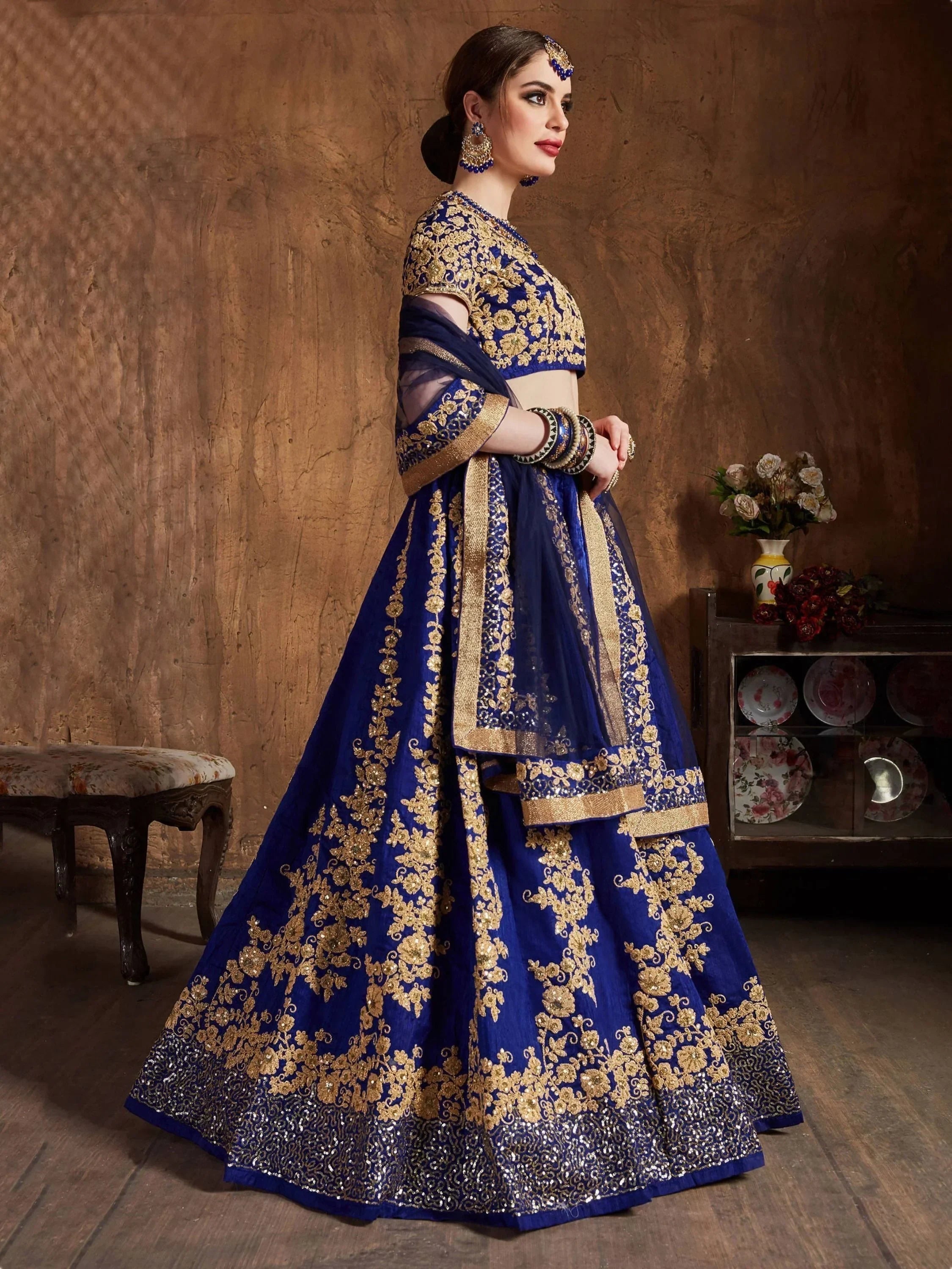 Navy Blue Embroidery Raw Silk Wedding Lehenga Choli With Dupatta