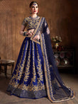 Navy Blue Embroidery Raw Silk Wedding Lehenga Choli With Dupatta