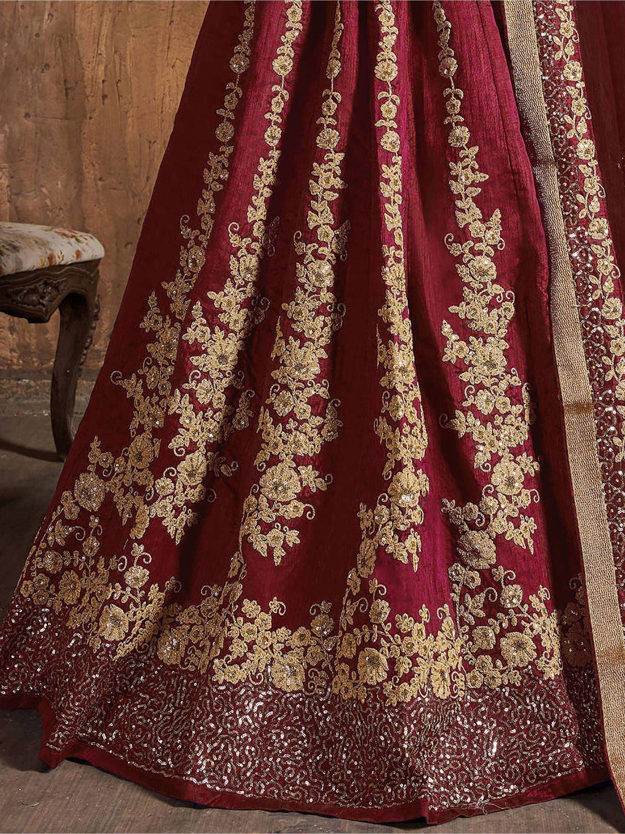 Maroon lehenga with gold floral embroidery and sequin border, Indian ethnic wear