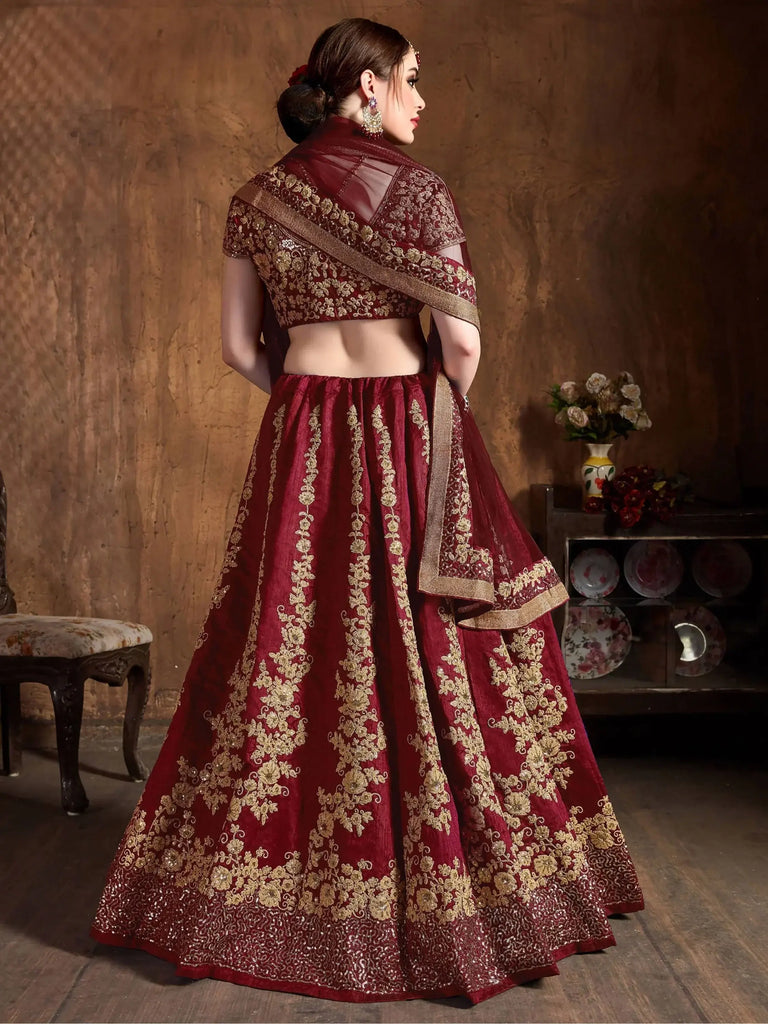 Maroon Embroidery Raw Silk Wedding Lehenga Choli With Dupatta