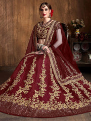 Maroon Embroidery Raw Silk Wedding Lehenga Choli With Dupatta