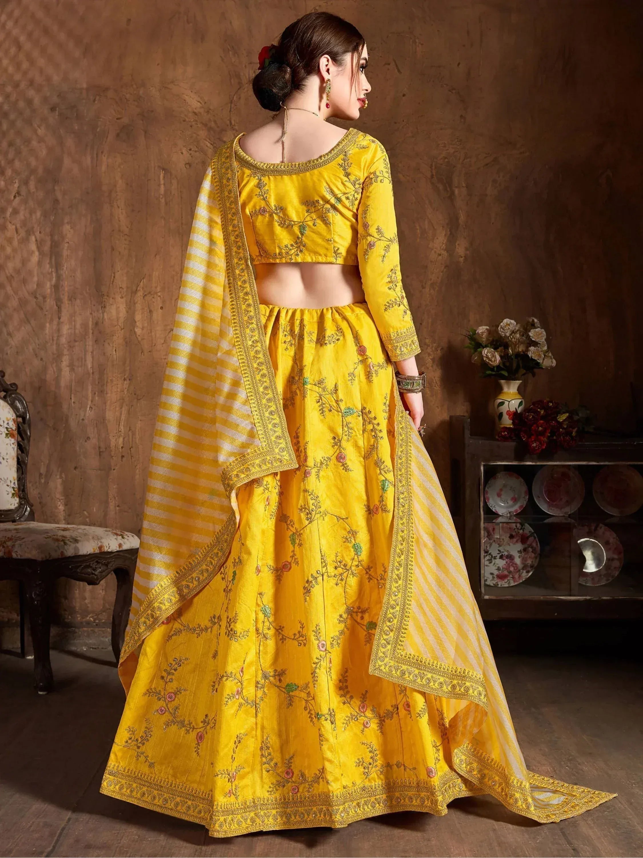 Yellow embroidered lehenga choli with striped dupatta, Indian ethnic wear for women