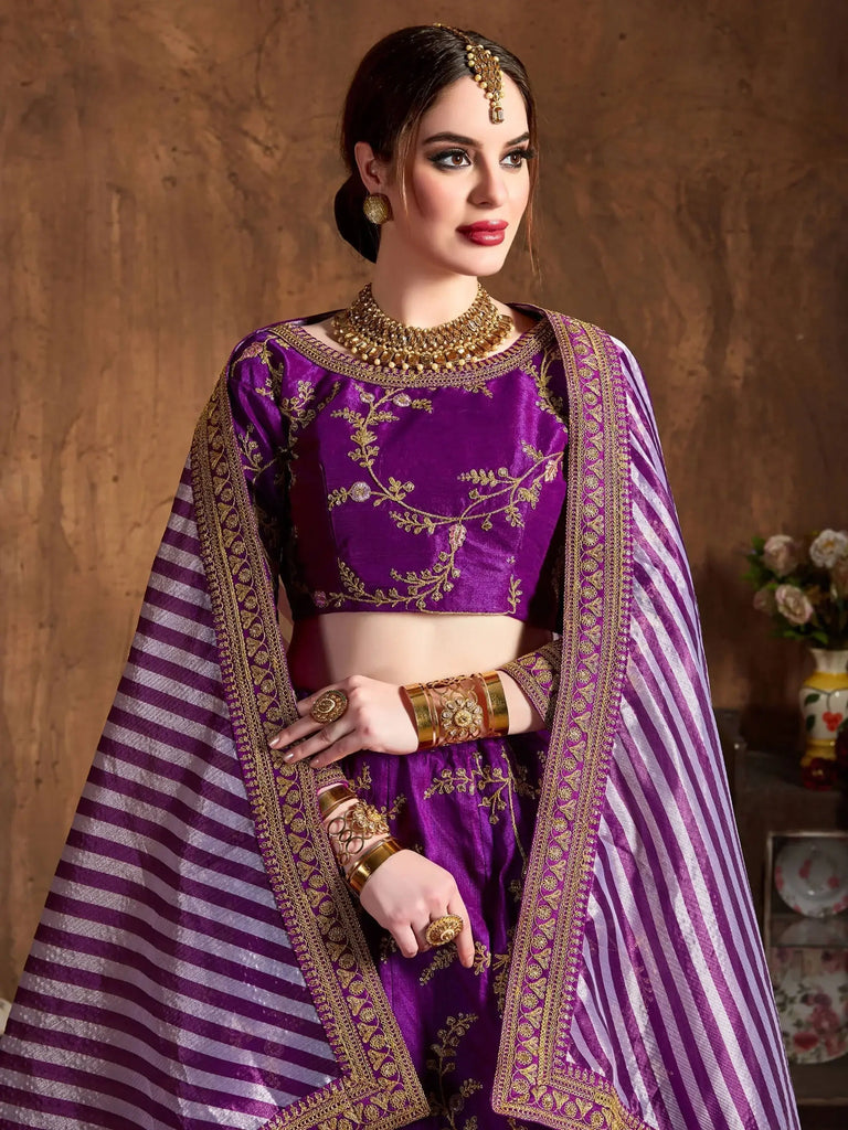 Purple Embroidery Mulberry Silk Bridal Lehenga Choli With Striped Dupatta