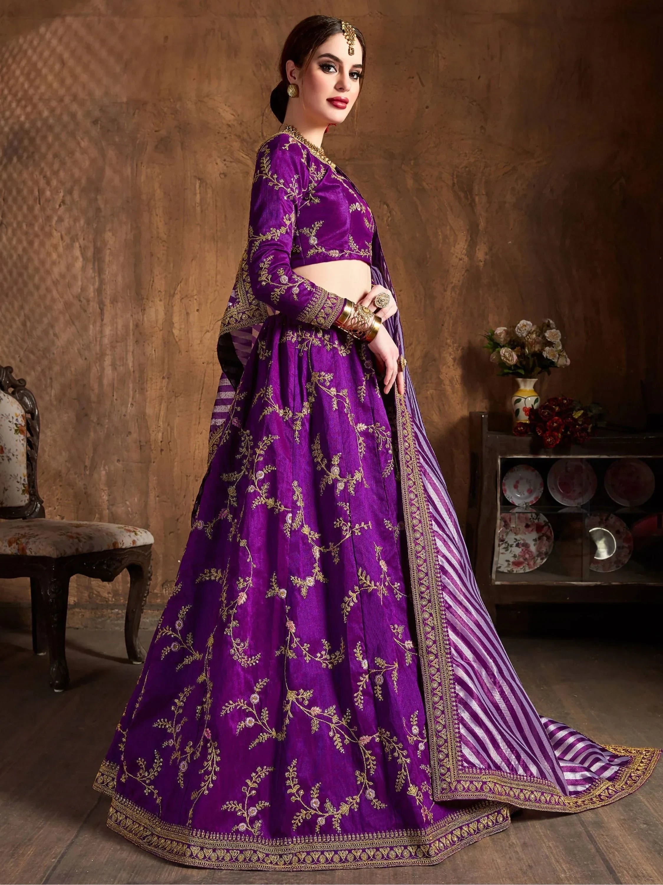 Purple Embroidery Mulberry Silk Bridal Lehenga Choli With Striped Dupatta