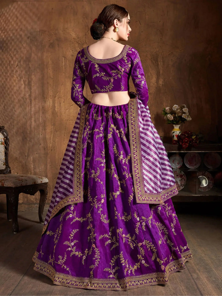 Purple Embroidery Mulberry Silk Bridal Lehenga Choli With Striped Dupatta