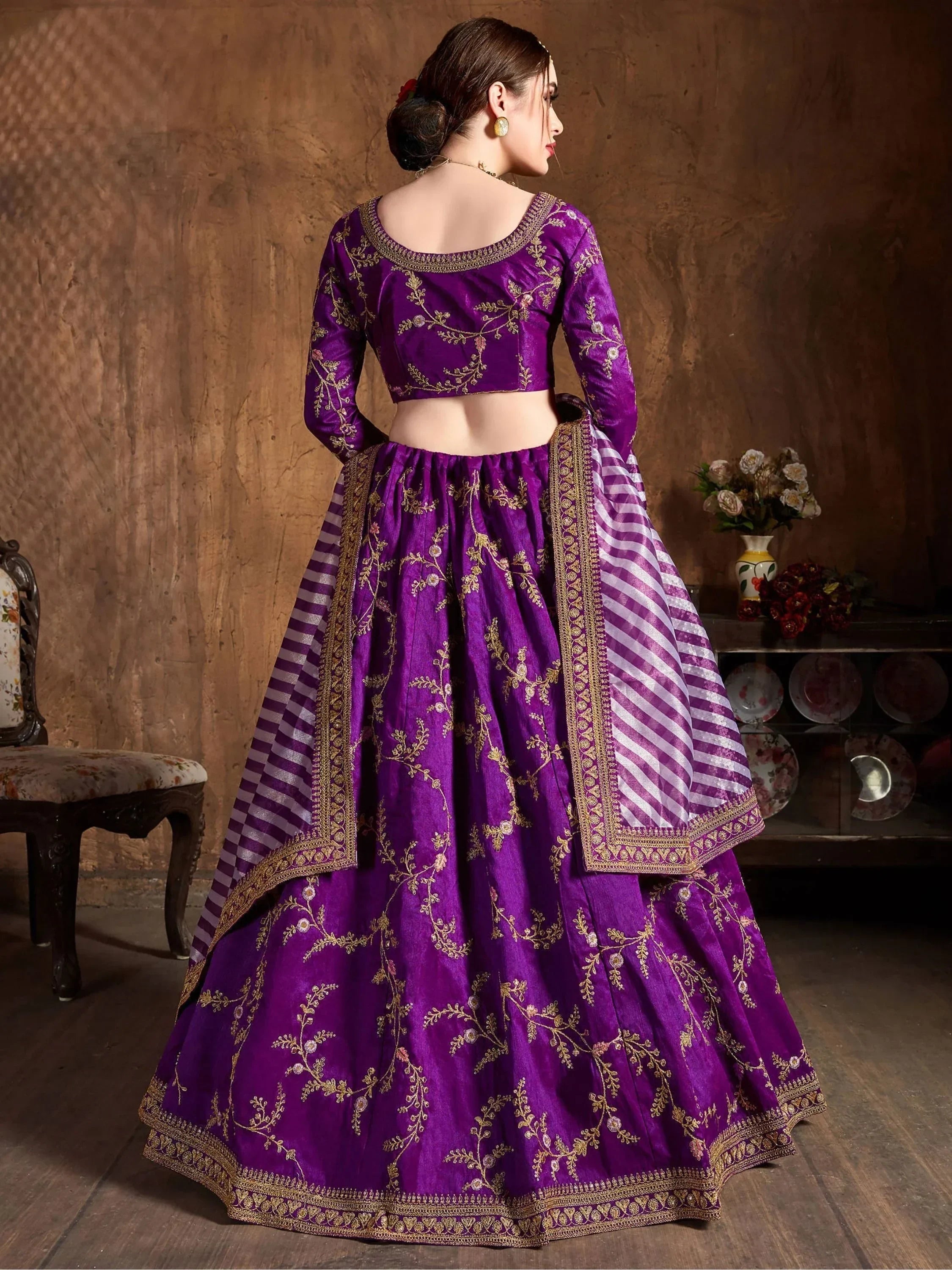Purple Embroidery Mulberry Silk Bridal Lehenga Choli With Striped Dupatta