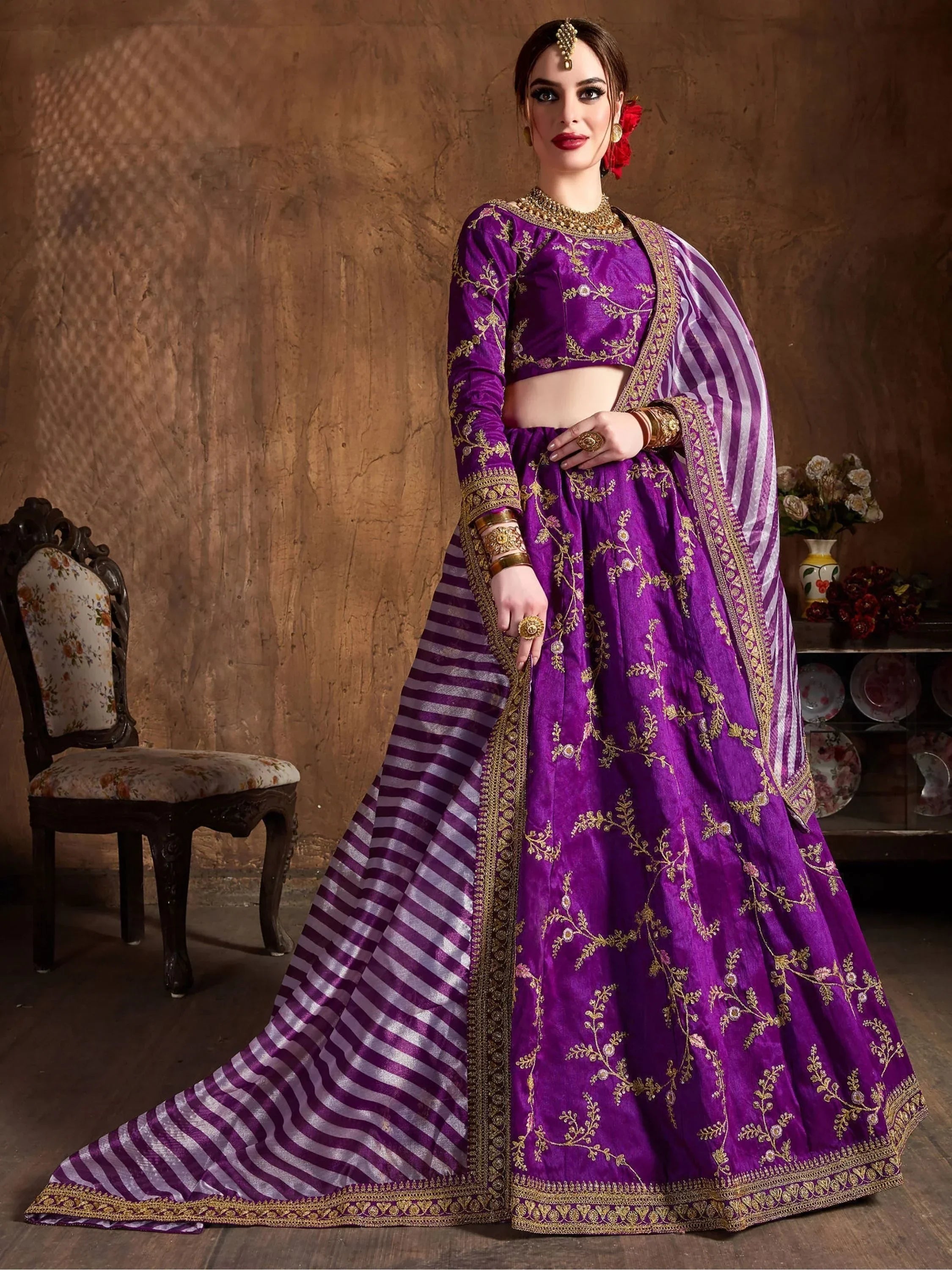 Purple Embroidery Mulberry Silk Bridal Lehenga Choli With Striped Dupatta