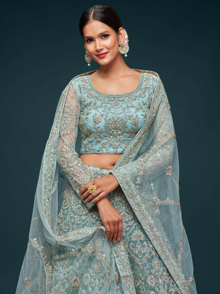 Attractive Aqua Blue Embroidered Soft Net Occasion Wear Lehenga Choli