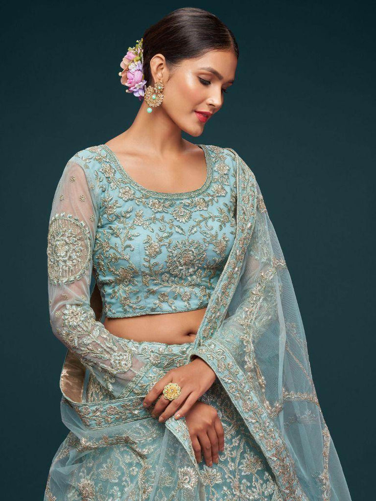 Attractive Aqua Blue Embroidered Soft Net Occasion Wear Lehenga Choli
