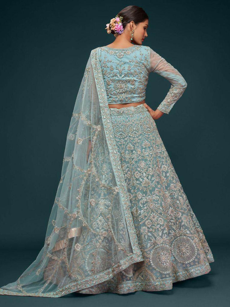 Attractive Aqua Blue Embroidered Soft Net Occasion Wear Lehenga Choli
