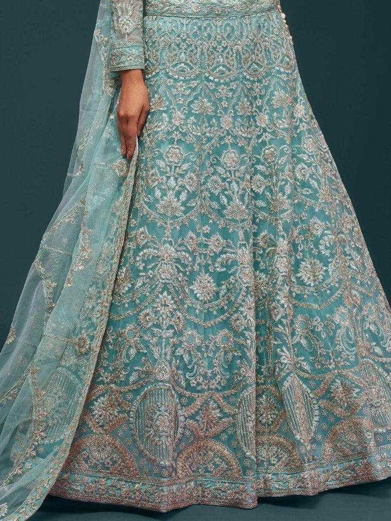 Attractive Aqua Blue Embroidered Soft Net Occasion Wear Lehenga Choli