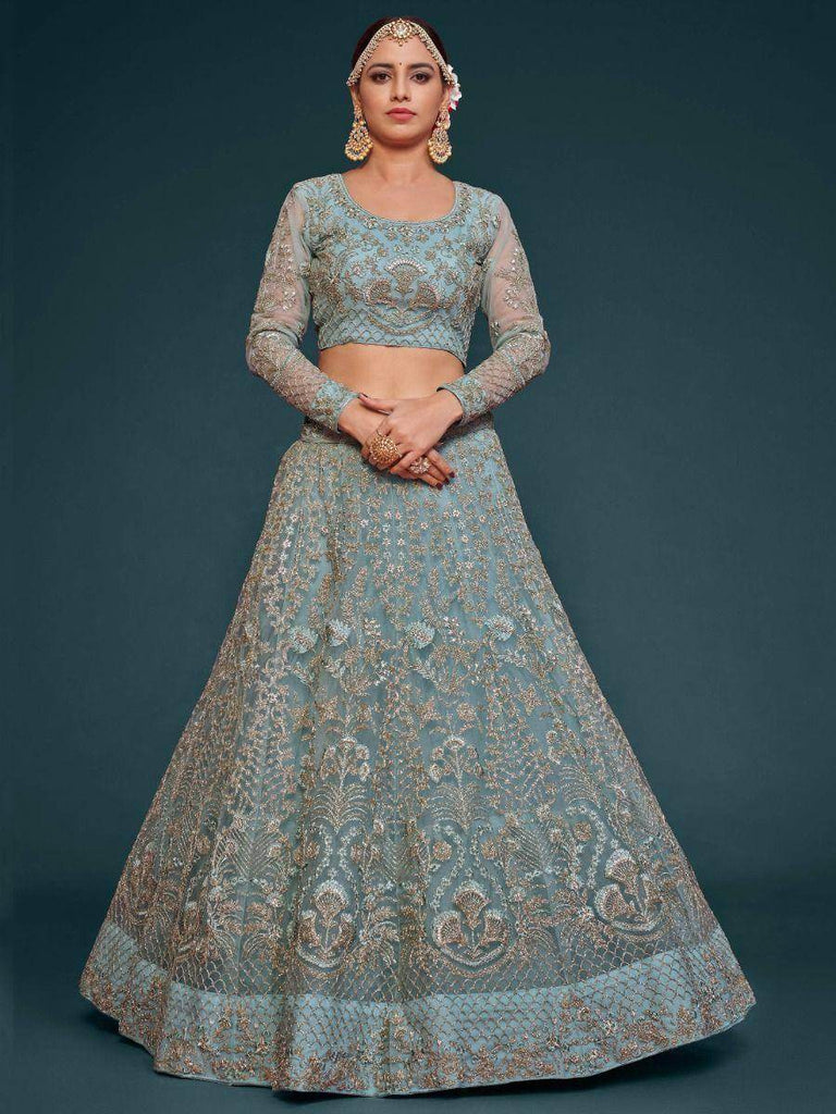 Exquisite Sky-Blue Dori Work Soft Net Ceremony Wear Lehenga Choli
