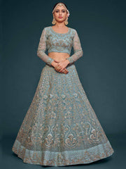 Exquisite Sky-Blue Dori Work Soft Net Ceremony Wear Lehenga Choli