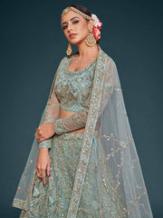 Exquisite Sky-Blue Dori Work Soft Net Ceremony Wear Lehenga Choli