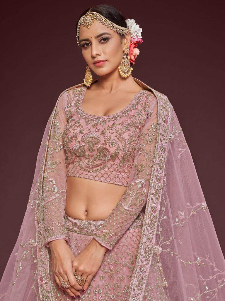 Enchanting Light Pink Embroidered Soft Net Wedding wear Lehenga Choli