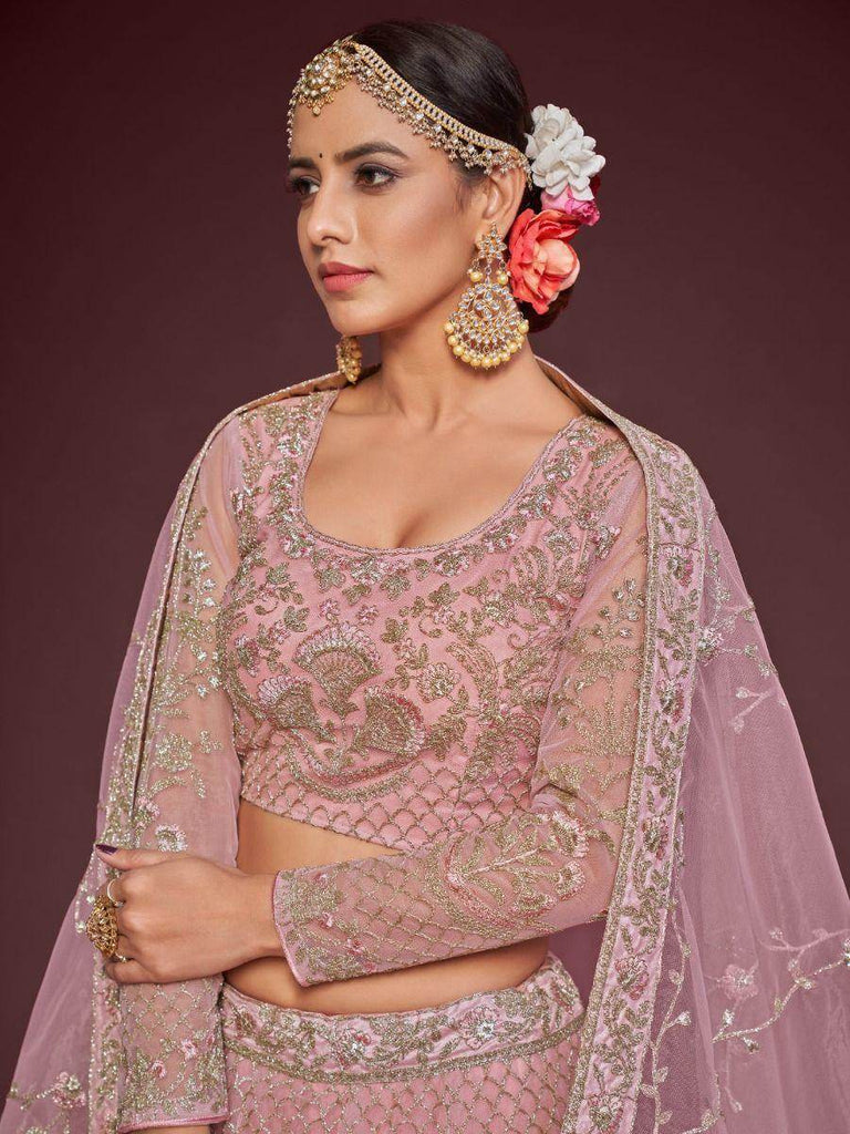 Enchanting Light Pink Embroidered Soft Net Wedding wear Lehenga Choli
