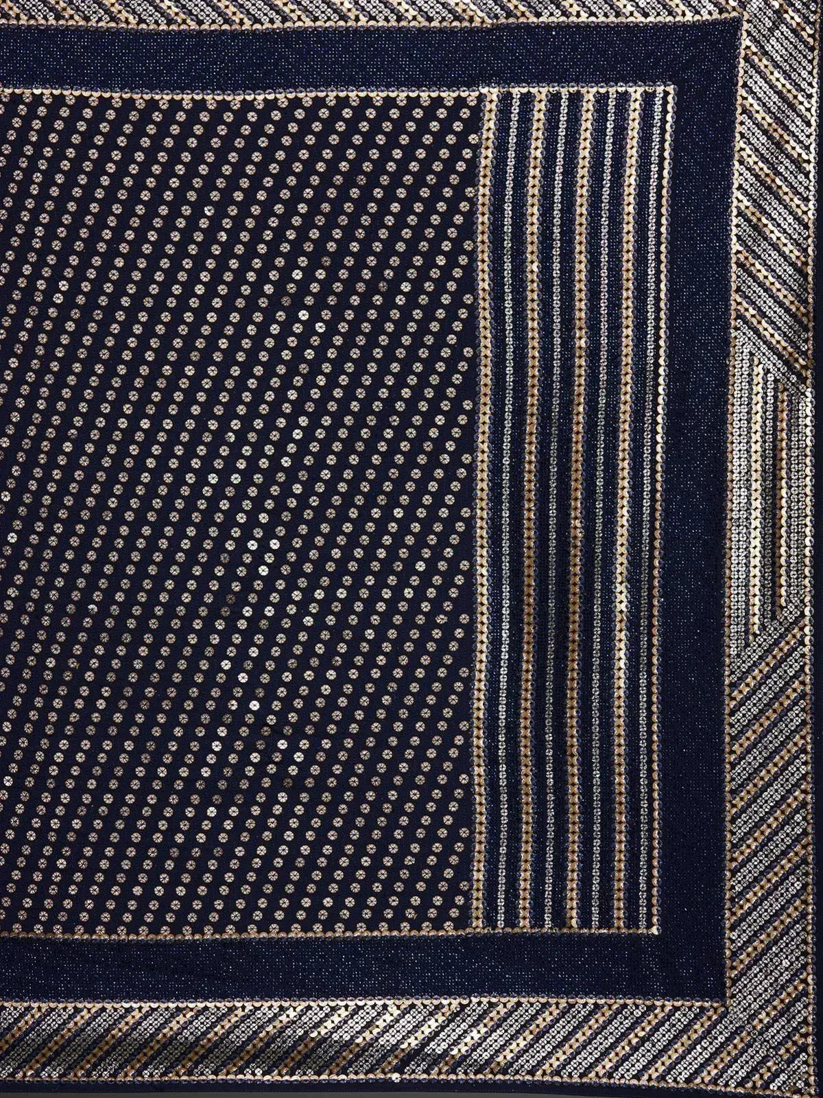 Elegant navy blue ethnic saree with gold sequin polka dots and striped border design
