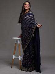 Adorable Navy Blue Sequins Georgette Party Wear Saree With Blouse