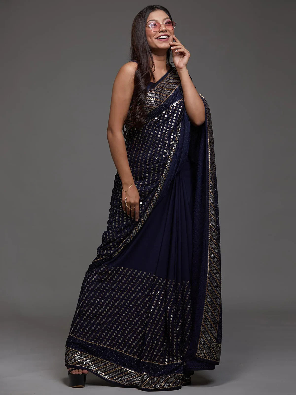 Adorable Navy Blue Sequins Georgette Party Wear Saree With Blouse