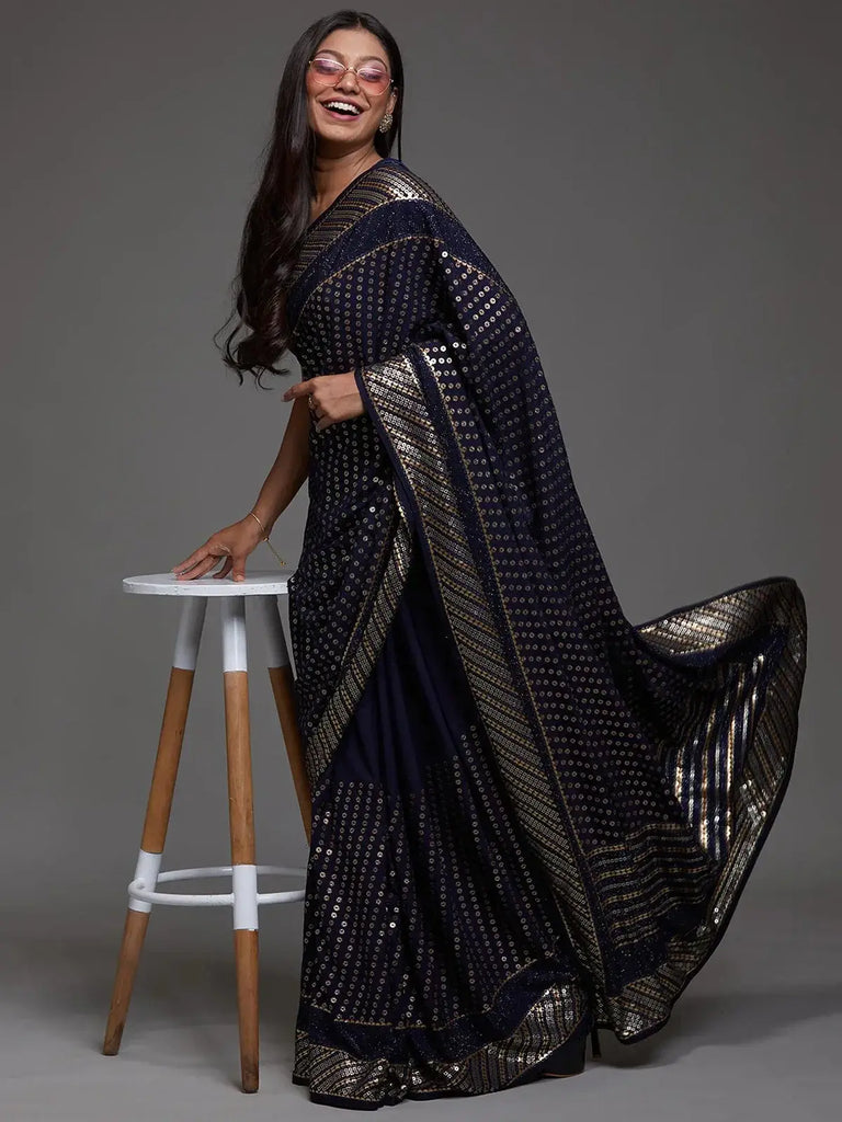 Adorable Navy Blue Sequins Georgette Party Wear Saree With Blouse