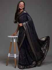 Adorable Navy Blue Sequins Georgette Party Wear Saree With Blouse
