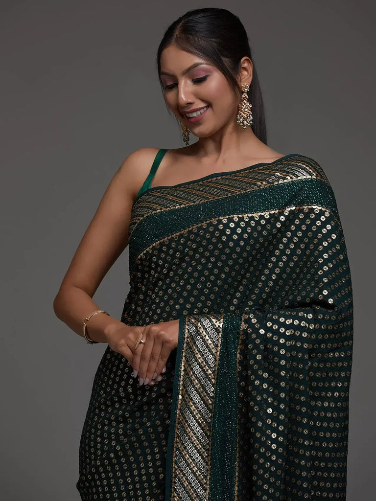 Charming Green Sequins Georgette Reception Wear Saree With Blouse
