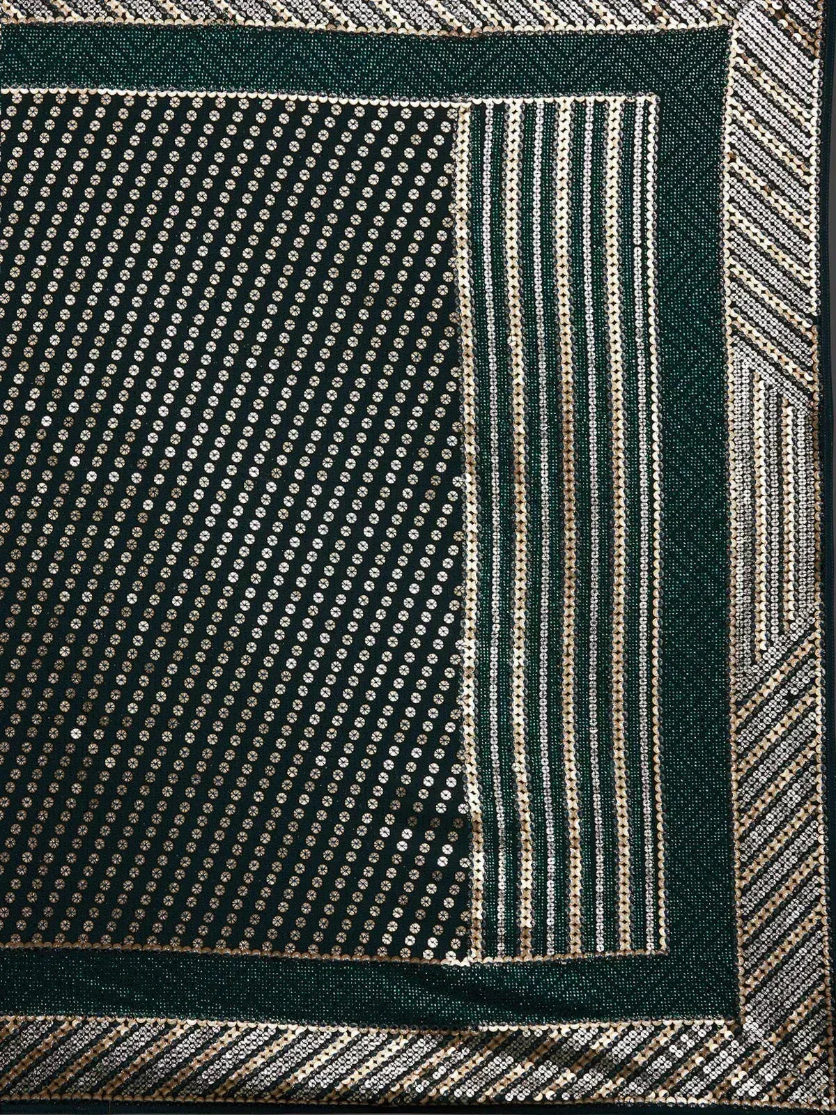 Dark green ethnic fabric with gold sequin dots and striped border, ideal for designer lehenga or saree