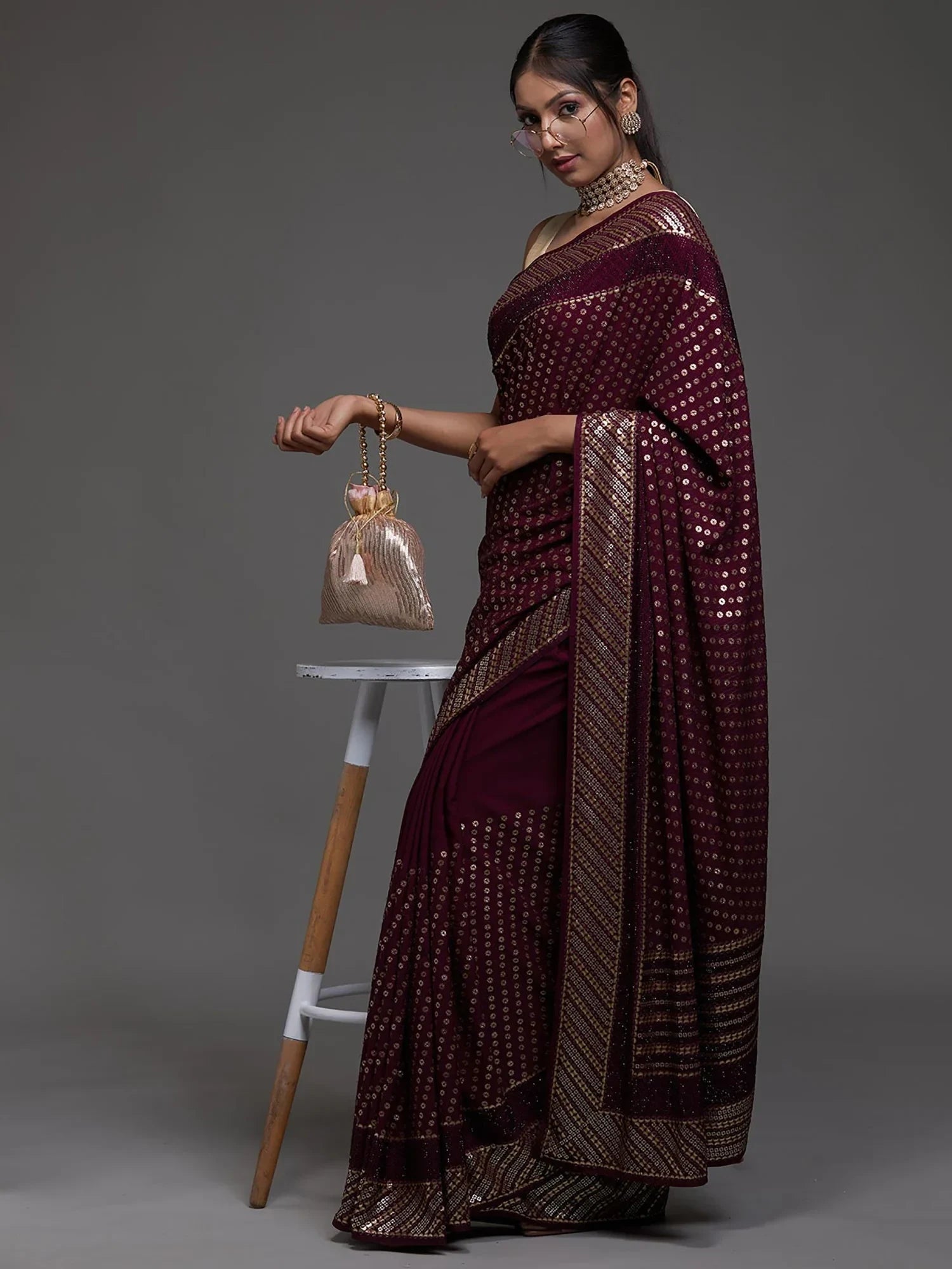 Precious Maroon Sequins Georgette Cocktail Party Wear Saree