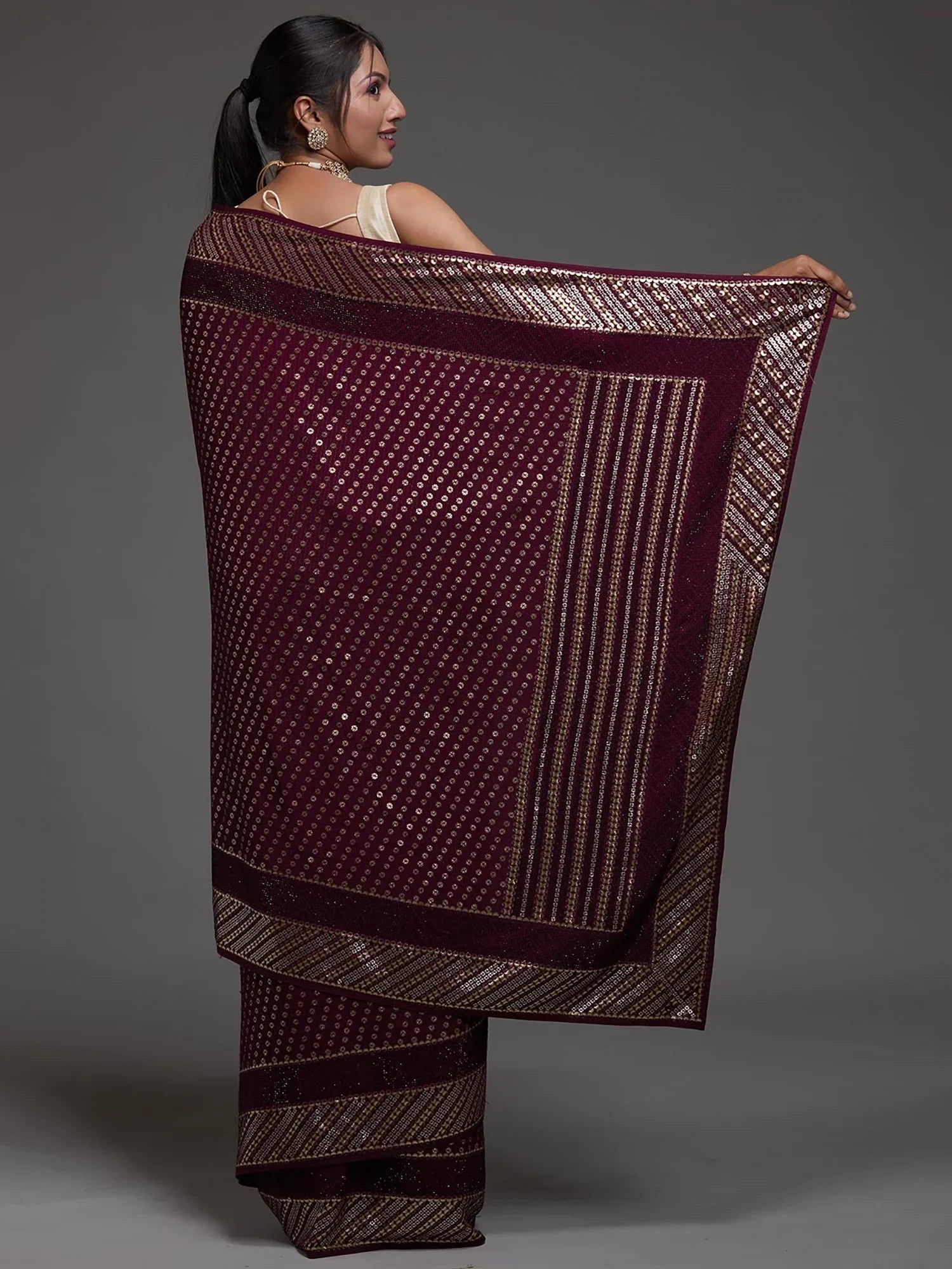 Precious Maroon Sequins Georgette Cocktail Party Wear Saree