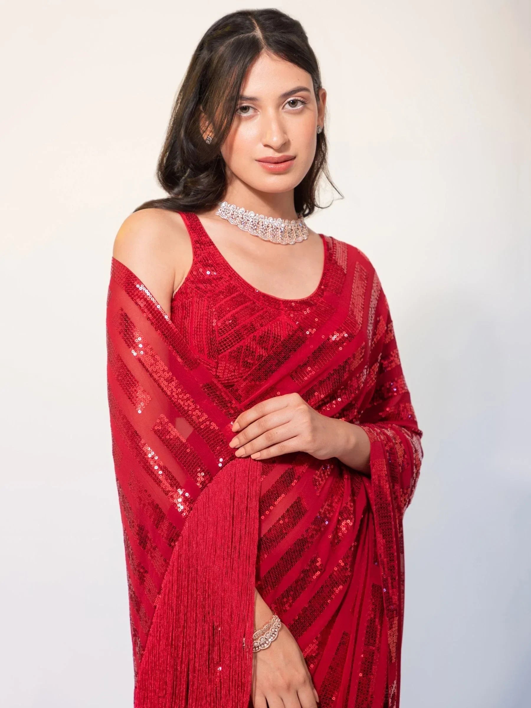 Exquisite Red Sequins Georgette Festival Wear Saree With Blouse