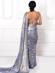 Glamorous Grey Sequins Georgette Cocktail Party Wear Saree