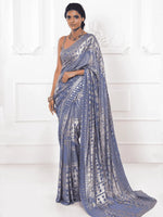 Glamorous Grey Sequins Georgette Cocktail Party Wear Saree