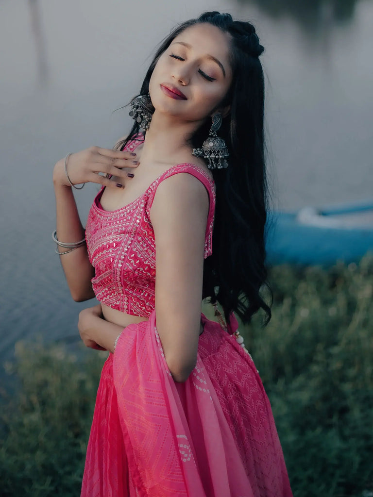 Stunning Pink Digital Printed Organza Engagement Wear Lehenga Choli