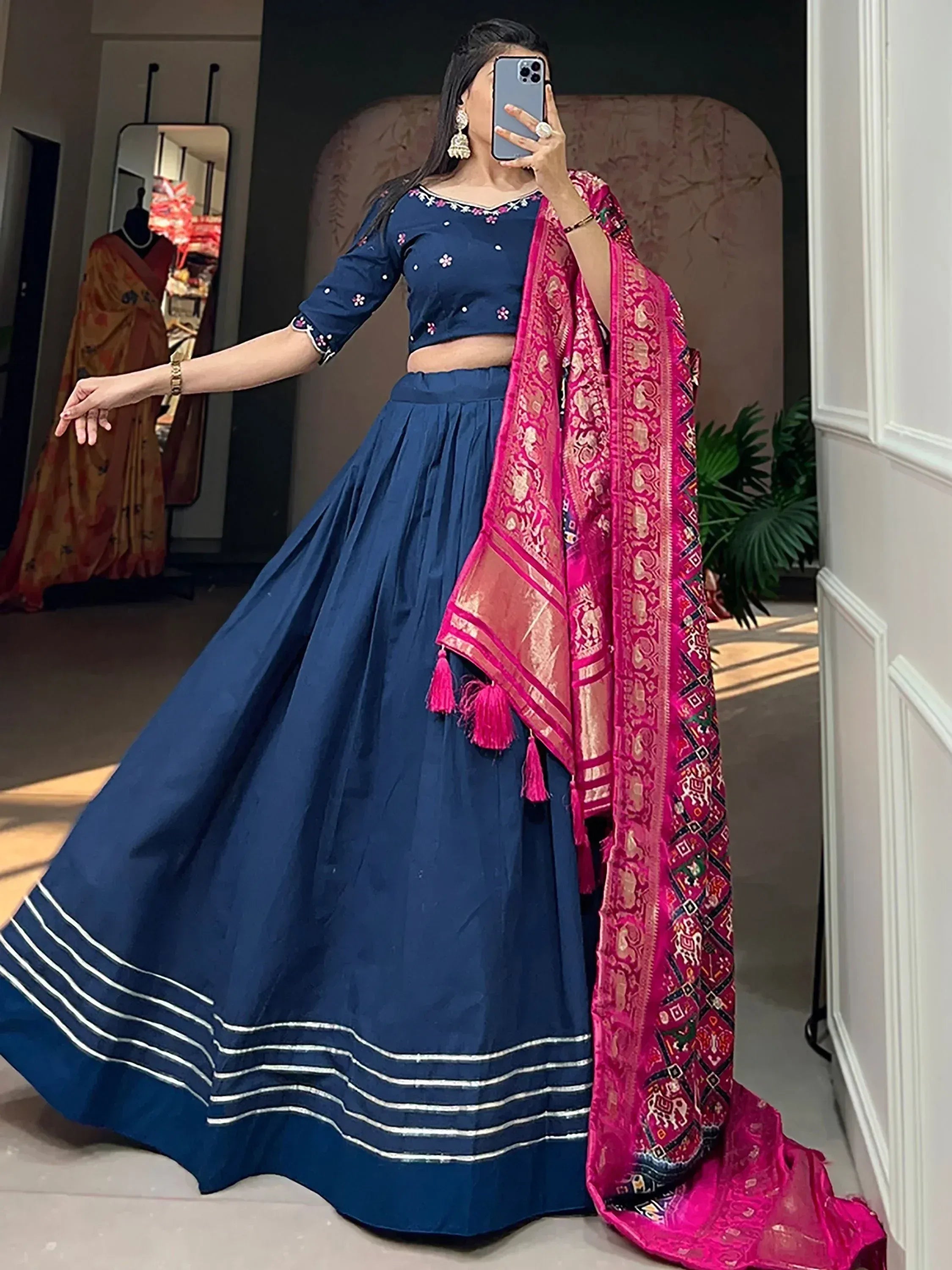 Navy blue lehenga choli with pink embroidered dupatta, Indian ethnic wear for women