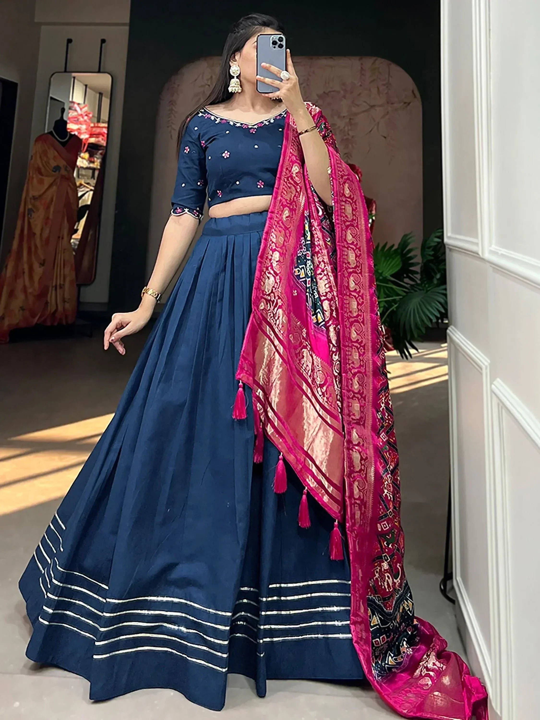 Navy blue embroidered lehenga choli with pink printed dupatta, Indian ethnic wear