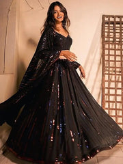 Stunning Black Sequins Georgette Reception Wear Lehenga Choli
