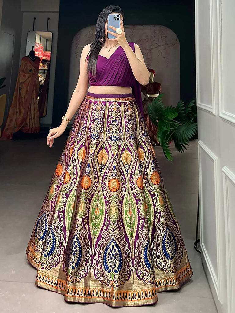 Gorgeous Purple Zari Weaving Silk Indo-Western Crop Top Lehenga