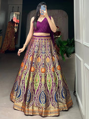 Gorgeous Purple Zari Weaving Silk Indo-Western Crop Top Lehenga