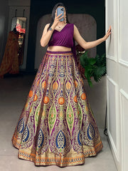 Gorgeous Purple Zari Weaving Silk Indo-Western Crop Top Lehenga