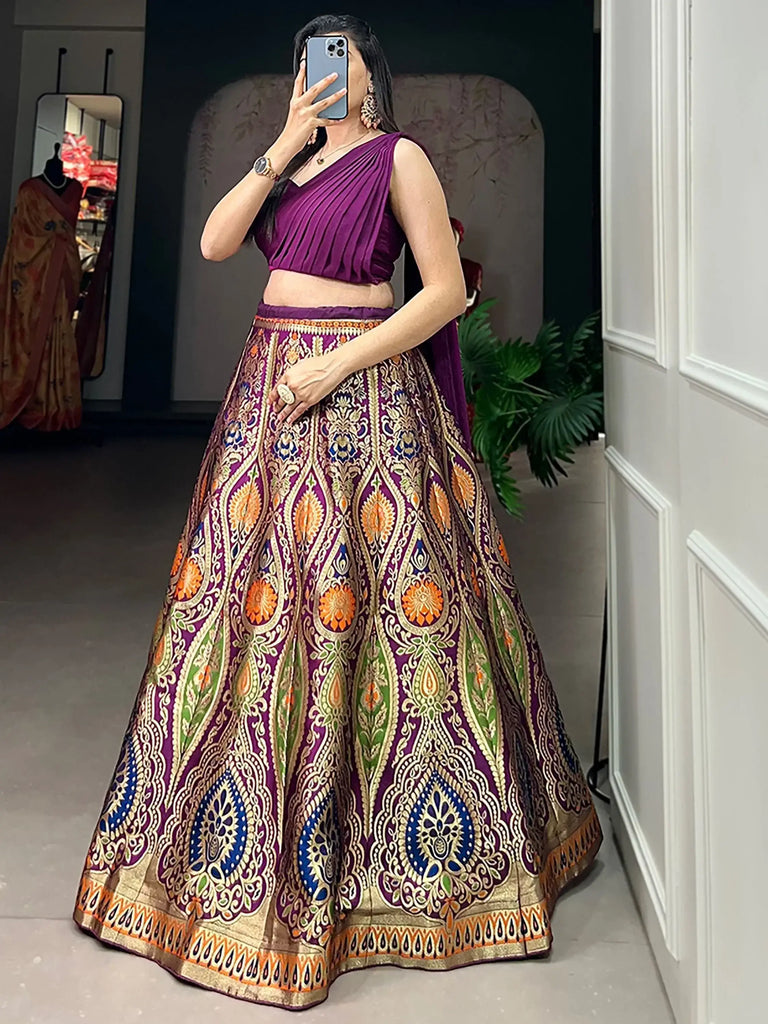 Gorgeous Purple Zari Weaving Silk Indo-Western Crop Top Lehenga