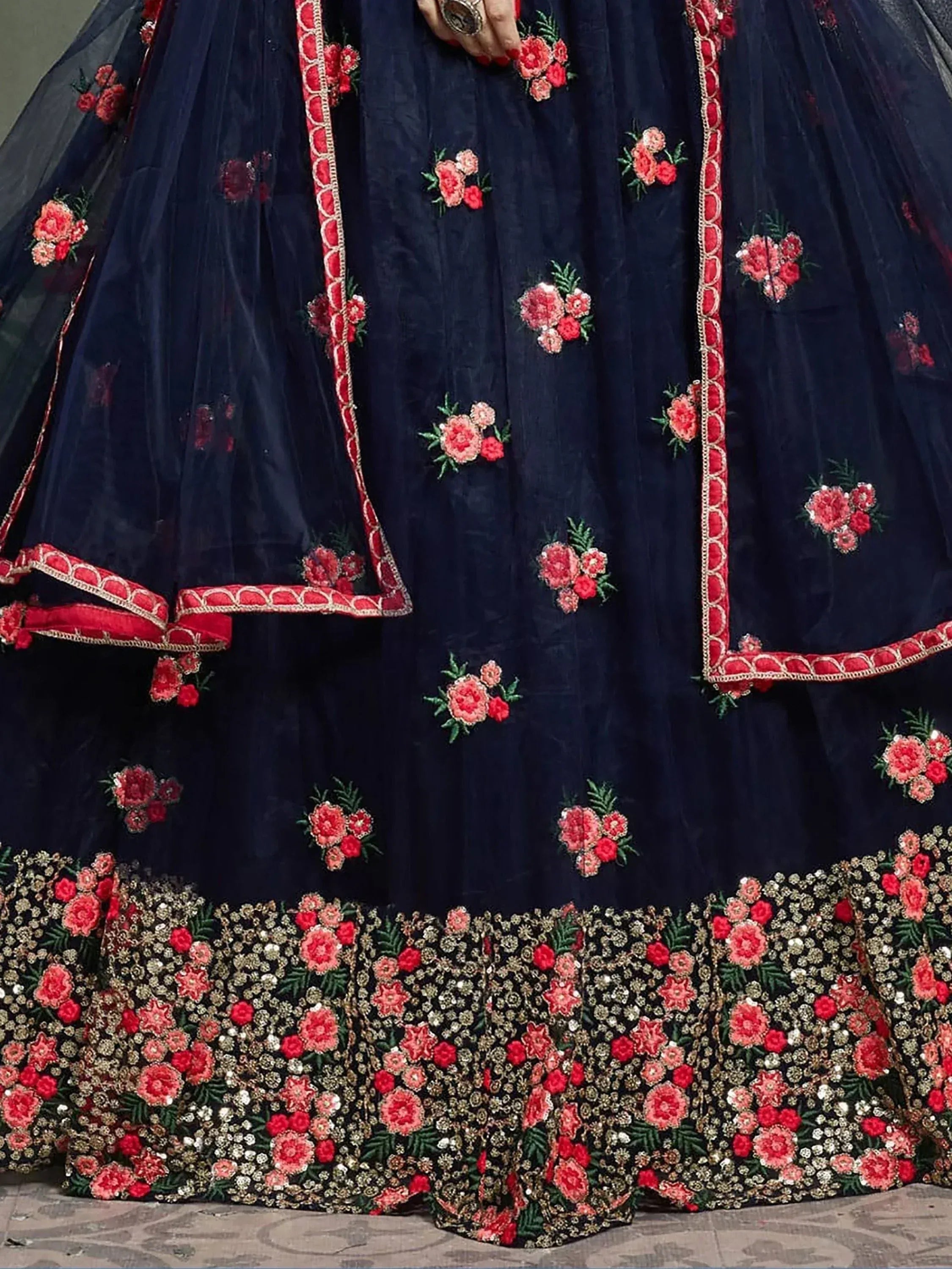 Navy blue lehenga with red floral embroidery and gold sequin border, Indian ethnic wear