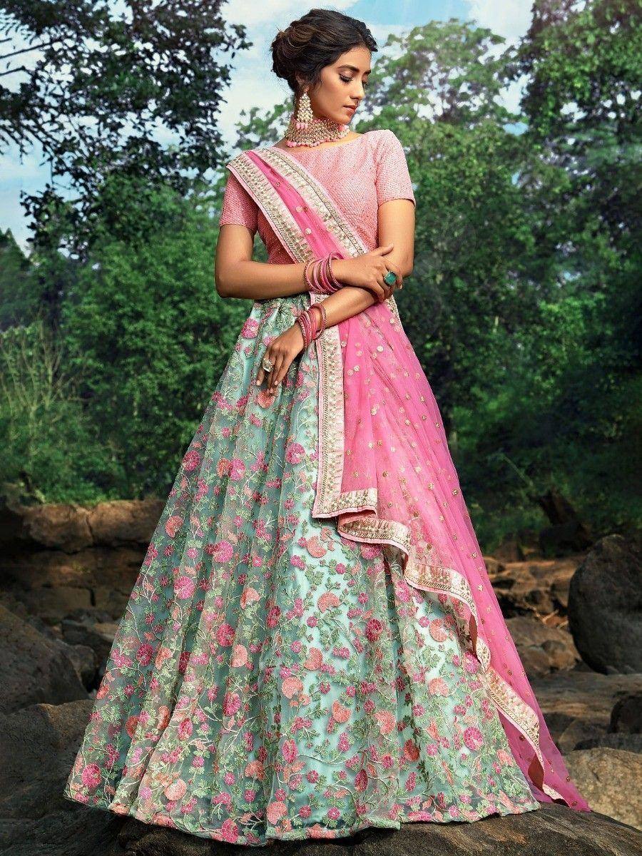 Pink and mint floral lehenga choli with embroidered dupatta, perfect for Indian ethnic occasions