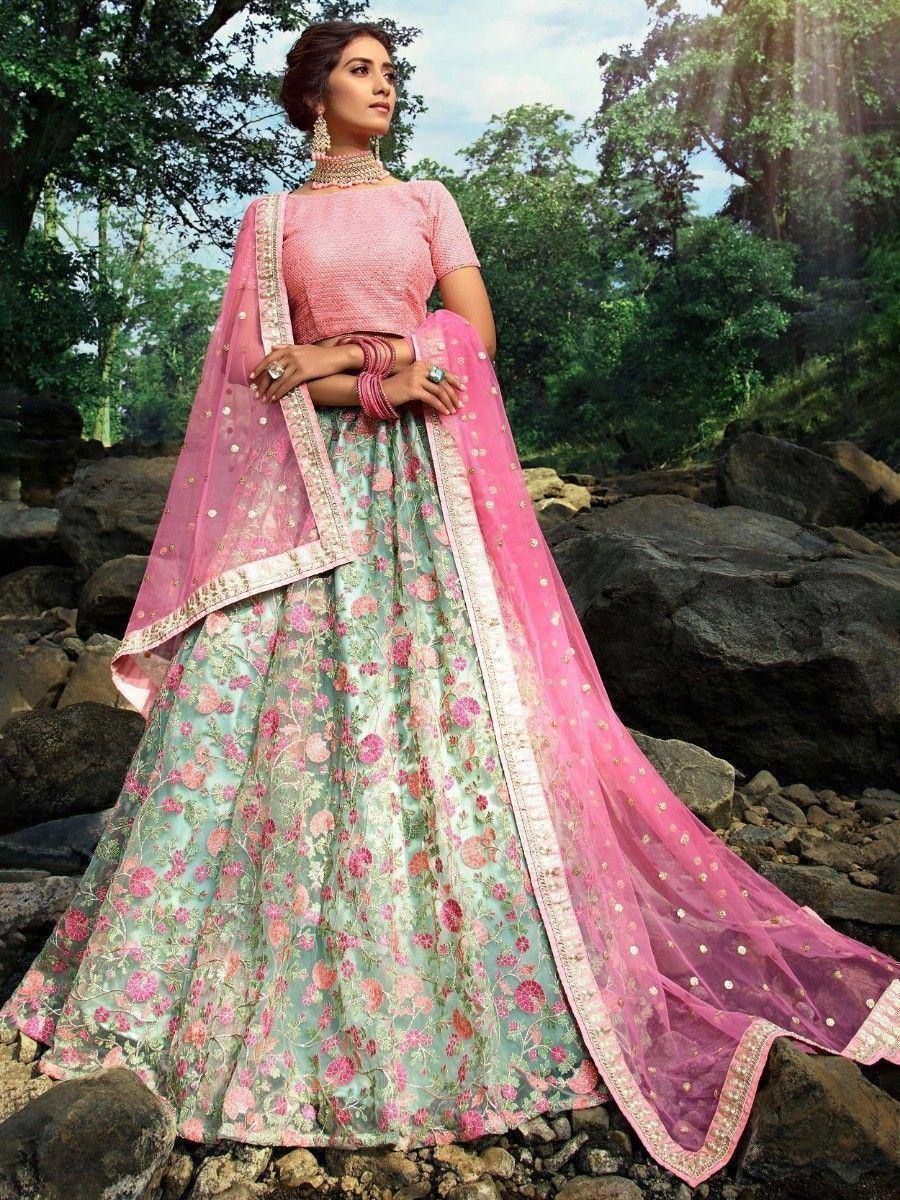 Pink and mint floral lehenga choli with sheer dupatta, perfect for Indian ethnic occasions