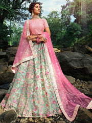 Green Floral Thread Embroidered Soft Net Festival Wear Lehenga Choli