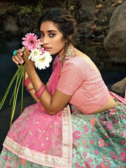 Green Floral Thread Embroidered Soft Net Festival Wear Lehenga Choli