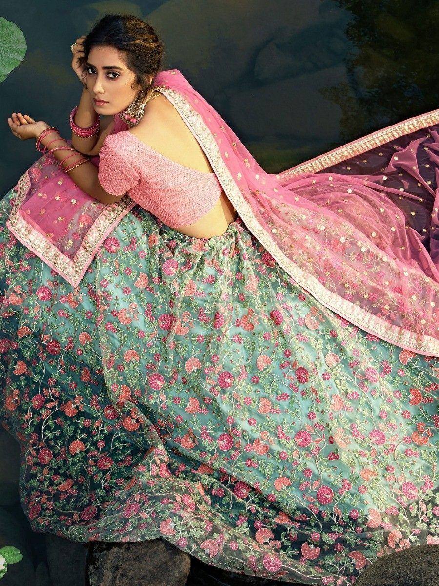 Pink and green floral lehenga choli with embroidered dupatta, perfect for Indian ethnic occasions