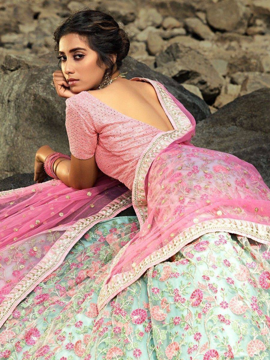 Pink and mint floral lehenga choli with embroidered dupatta, perfect for Indian ethnic occasions