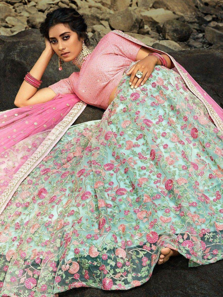 Green Floral Thread Embroidered Soft Net Festival Wear Lehenga Choli