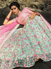 Green Floral Thread Embroidered Soft Net Festival Wear Lehenga Choli