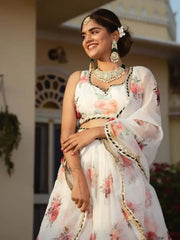 Magnetic White Floral Printed Organza Festival Wear Lehenga Choli